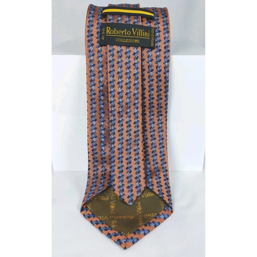 Roberto Villini Collezione Necktie Copper‎ Blue Geometric 100% Silk Handmade Tie